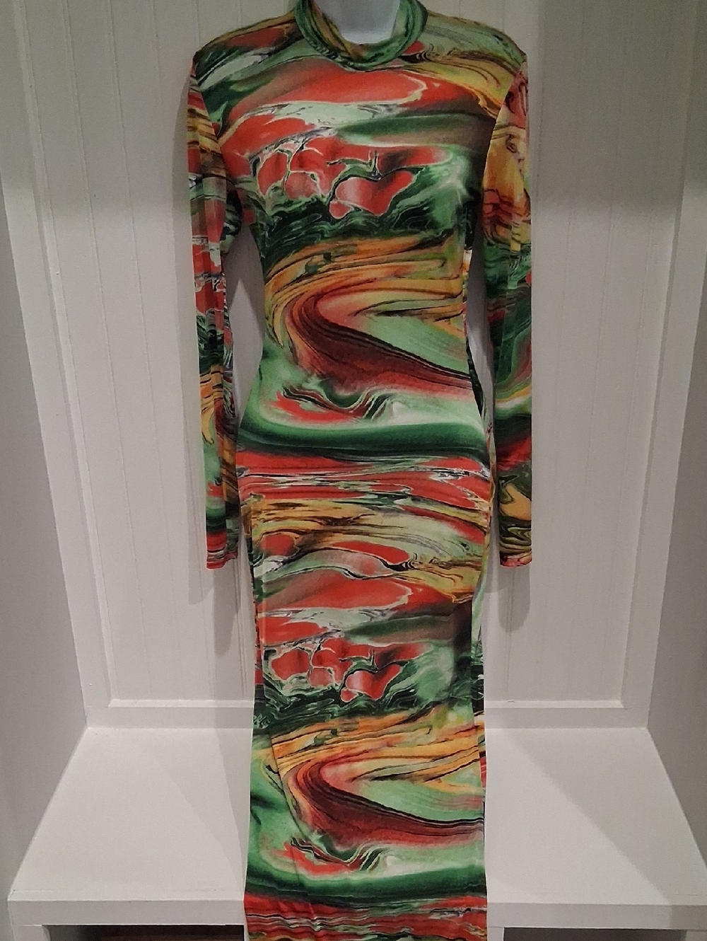 Touch Dolls Long Sleeve Marble Print Maxi Dress in Green and Orange